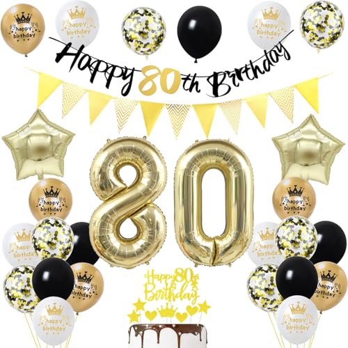 80 Geburtstag Mann Frauen Deko, Gold Schwarz Party Deko 80. Geburtstag männer Frau Luftballons Zahl 80 Geburtstag Tortendeko Happy 80 Birthday Banner Geburtstagsdeko 80 jahre Mann Frauen ballon von Yishamei