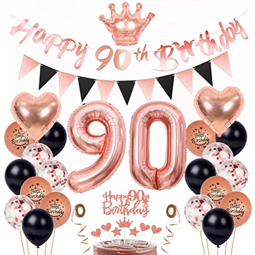 90 Geburtstag Deko Frau, Luftballon 90. Geburtstag Roségold Schwarz, Kuchen Topper 90. Geburtstagsdeko 90 Jahre Frau, 90 Geburtstag Deko Geburtstagsdeko mit 90. Tortendeko von Yishamei