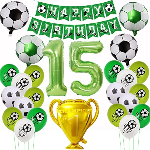 Fussball Deko Geburtstag 15 Jahre, Fußball Luftballon 15 Jahre,Fussball Luftballon 15. Geburtstag Grün,Luftballon 15 Jahre Junge Fußball, 15 Ballon Fußball Deko, 15.Geburtstagsdeko Fußball von Yishamei