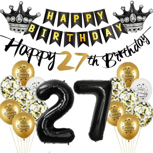 Luftballon 27.Geburtstag deko Mann Frau gold Schwarz Folienballon 27 jahre Geburtstag Mann dekoration Schwarz Happy 27th Birthday Girlande Geburtstagsdeko 27 deko geburtstag 27 jahre Mann Frauen von Yishamei