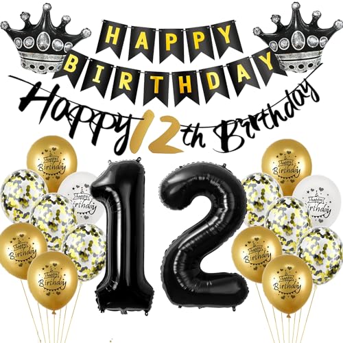 Luftballon 12.Geburtstag deko Junge mädchen gold Schwarz Folienballon 12 jahre Geburtstag dekoration Schwarz Happy 12th Birthday Girlande Geburtstagsdeko 12 deko geburtstag 12 jahre Junge mädchen von Yishamei