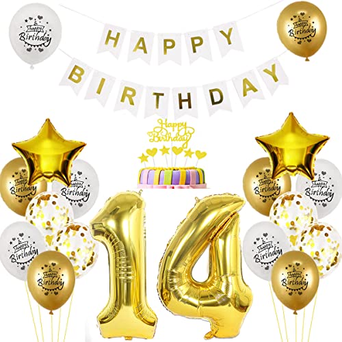 Luftballon 14. Geburtstag deko jungen mädchen Gold Weiß Geburtstagsdeko 14 Jahre Geburtstag dekoration Weiß Gold Folien Ballon 14 Geburtstag frau junge deko Tortendeko 14th Happy Birthday deko von Yishamei