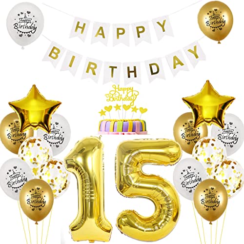 Luftballon 15. Geburtstag deko jungen mädchen Gold Weiß Geburtstagsdeko 15 Jahre Geburtstag dekoration Weiß Gold Folien Ballon 15 Geburtstag frau junge deko Tortendeko 15th Happy Birthday deko von Yishamei