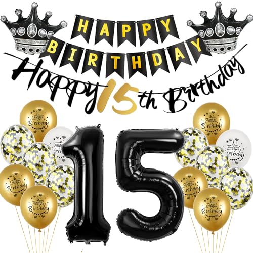 Luftballon 15.Geburtstag deko Junge mädchen gold Schwarz Folienballon 15 jahre Geburtstag dekoration Schwarz Happy 15th Birthday Girlande Geburtstagsdeko 15 deko geburtstag 15 jahre Junge mädchen von Yishamei