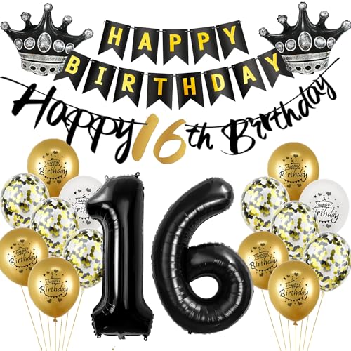 Luftballon 16.Geburtstag deko Junge mädchen gold Schwarz Folienballon 16 jahre Geburtstag dekoration Schwarz Happy 16th Birthday Girlande Geburtstagsdeko 16 deko geburtstag 16 jahre Junge mädchen von Yishamei