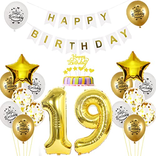 Luftballon 19. Geburtstag Deko Gold Weiß für Jungen Mädchen - 19 Jahre Dekoration mit Folien Ballon - Tortendeko Happy Birthday von Yishamei