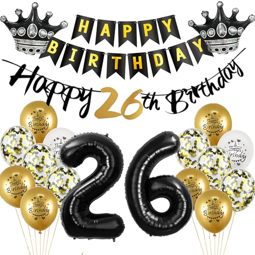 Luftballon 26.Geburtstag deko Mann Frau gold Schwarz Folienballon 26 jahre Geburtstag Mann dekoration Schwarz Happy 26th Birthday Girlande Geburtstagsdeko 26 deko geburtstag 26 jahre Mann Frauen von Yishamei