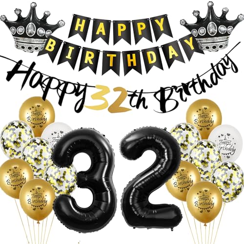 Luftballon 32.Geburtstag deko Mann Frau gold Schwarz Folienballon 32 jahre Geburtstag Mann dekoration Schwarz Happy 32th Birthday Girlande Geburtstagsdeko 32 deko geburtstag 32 jahre Mann Frauen von Yishamei