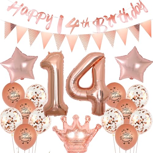 Luftballons 14 Geburtstag Mädchen dekoration rosegold set,14. Geburtstag Party Dekorationen Mädchen happy birthday 14th banner,Ballon 14 jahre Mädchen deko, Geburtstagsdeko 14 jahre Mädchen von Yishamei