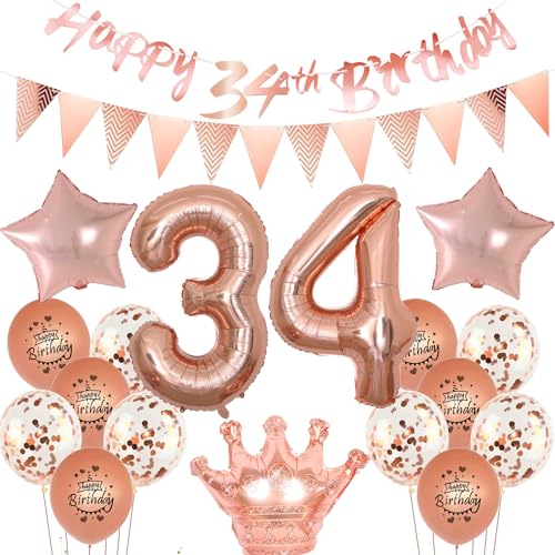 Luftballons 34 Geburtstag Frau dekoration rosegold set,34. Geburtstag Party Deko Frauen happy birthday 34th banner,Rosegold Ballon 34 jahre Frauen mädchen deko,Geburtstagsdeko 34 jahre Frauen von Yishamei