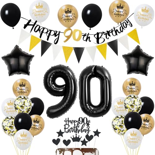 Luftballons 90 Geburtstag Deko Mann Frauen, Banner 90 Geburtstag Girlande Deko 90. Geburtstag Frau Tortendeko 90. Geburtstag Mann Schwarz Gold Geburtstagsdeko 90 jahre Mann Frau Ballons von Yishamei