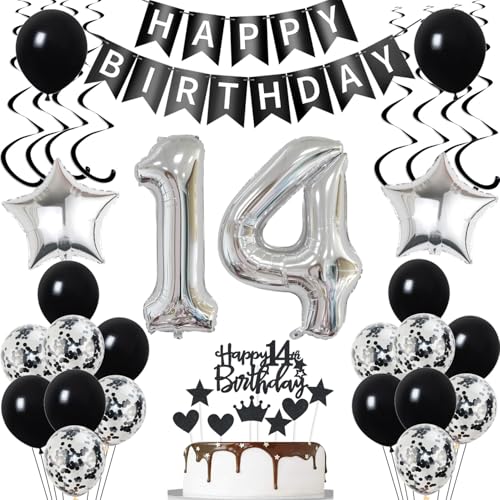 Luftsballon 14. Geburtstag Dekoration Schwarz Silber - Deko für Mädchen und Jungen - Ballons, Tortendeko, Kuchen Deko von Yishamei