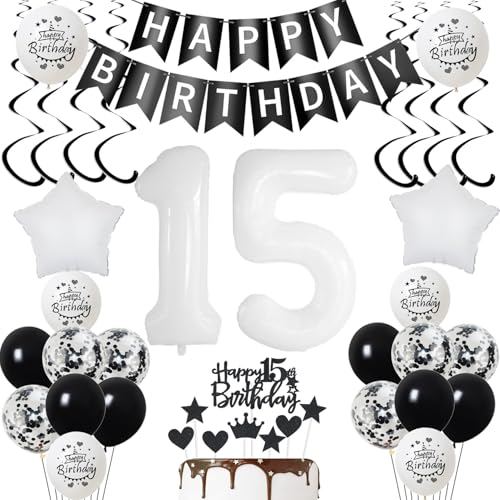 Luftsballon 15. Geburtstag Junge deko Schwarz Weiß Geburtstagsdeko 15 Jahre Mädchen Dekoration tortendeko 15 .Geburtstag Mädchen ballons 15.Kuchen 15. Junge deko von Yishamei