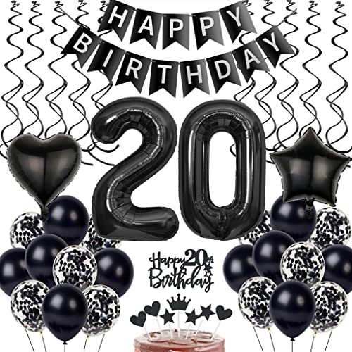 Schwarz 20. Geburtstag Dekoration - Luftballons, Tortendeko für Mann und Frau - 20 Jahre Feier Set von Yishamei