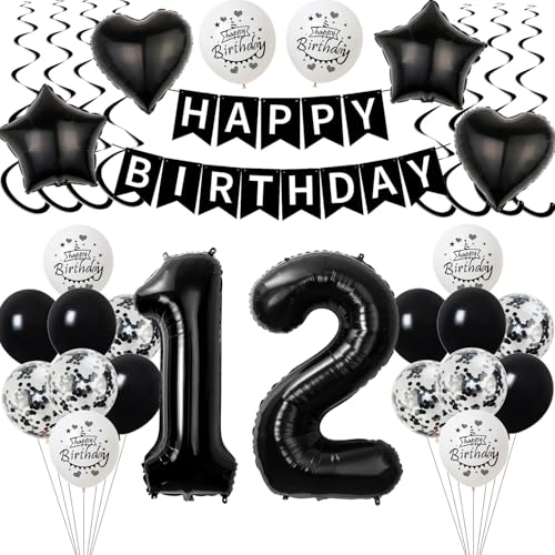 Schwarz Luftballon 12. Geburtstag Dekoration Junge Mädchen，deko 12 Jahre Geburtstag Junge,Geburtstagsdeko 12 Jahre Mädchen Folienballon 12. Ballon 12. Schwarz von Yishamei