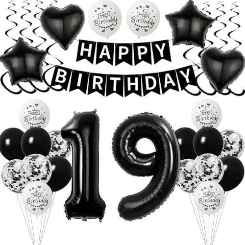 Schwarz Luftballon 19. Geburtstag Dekoration Junge Mädchen，deko 19 Jahre Geburtstag Junge ,Geburtstagsdeko 19 Jahre Mädchen Folienballon 19. Geburtstag Junge Ballon 19. Geburtstag Junge Schwarz von Yishamei