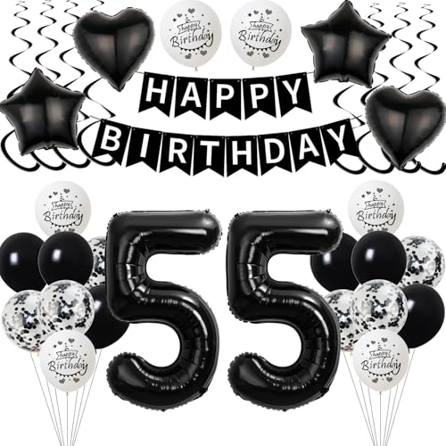 Schwarz Luftballon 55. Geburtstag Dekoration für Mann und Frauen - Deko 55 Jahre, Folienballon, Ballon für Männer von Yishamei