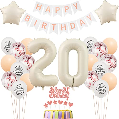 Weiß Luftballons 20. Geburtstag Mädchen Deko Set - Tortendeko, Folienballons, Geburtstagdeko für 20 Jahre - Weiße Ballons von Yishamei