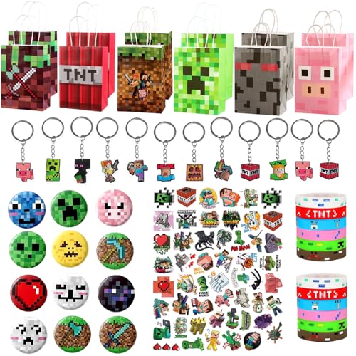 Yisound123 98-teiliges Partytütenfüller-Set Miner Gaming Partytütenfüller, Gamer-Partybevorzugungen, Gaming-Schlüsselanhänger, Partytüten, Knopfnadeln, Aufkleber, Minenarbeiter-Partyzubehör von Yisound123