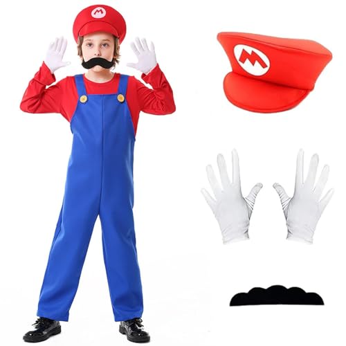 Yisound123 Kostüm für Kinder 3–12 Jahre, Kostüm, Spiel-Outfit, Overall, Bodysuit, Cosplay, mit Hut, Handschuhen, Schnurrbärten (Rot (3–4)) (Rot, 3–4) von Yisound123