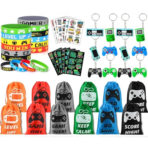 Yisound123 Videospiel-Partytütenfüller, 48 Stück, Gaming-Partygeschenke mit Kordelzugbeutel, Silikon-Armband, Schlüsselanhänger und leuchtende temporäre Tattoos, Geburtstagsparty-Zubehör für Kinder, Yisound123 Videospiel-Partytütenfüller, 48 Stück, Gaming-Partygeschenke mit Kordelzugbeutel, Silikon-Armband, Schlüsselanhänger und leuchtende temporäre Tattoos, Geburtstagsparty-Zubehör für Kinder, von Yisound123
