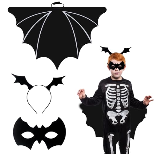 3 Stück Halloween Kostüm Kinder Fledermaus, Kostüm Fledermaus + Fledermaus Maske + Fledermausflügel Haarband, Kinder Fledermaus Kleidung Vampir Kleidung, für Halloween Kinder Cosplay Party, Karneval von Yisscen