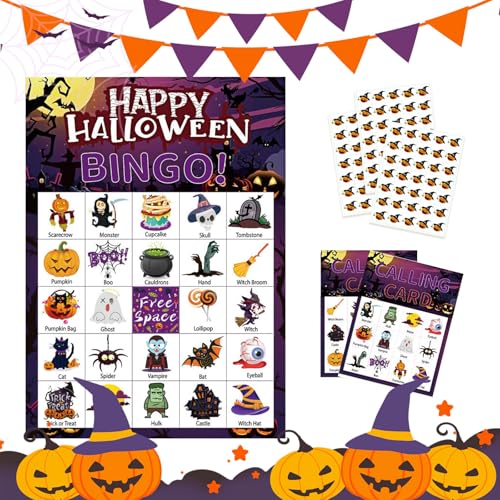 Yistoi 24 Halloween Bingo Spielkarten für Kinder Halloween Party Kartenspiele, Schule Klassenzimmer Spiele, Haloween Bingo Karten Brettspiel Halloween Gastgeschenke für Schul und Familienaktivitäten von Yistoi