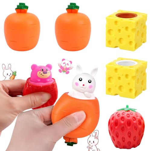Yistoi Squeeze Karotten Spielzeug, Anti Stress Bälle Kaninchen, Antistress Spielzeug Bälle, Sensorik Spielzeug, Weißer Rübenhase, Rosa Rübenhase, Käse Mäuse Tassen (zufällige Farbe), Erdbeerbär von Yistoi