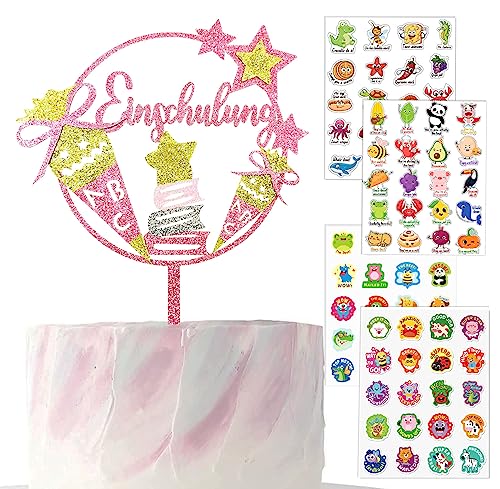 Einschulung Mädchen Kuchendeko Einschulung Tortendeko+Aufkleber Glitzernd Rosa Schulanfang Zuckertüte Mädchen Cake Topper Endlich Schulkind deko Einschulung Mädchen (Rosa A) von Yitla