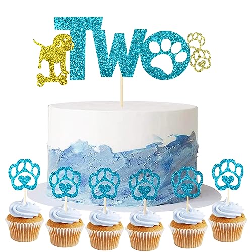 Yitla Hunde Geburtstag Kuchen Deko: 11 Stück, Hunde Paw Cupcake Deko, 6x16cm & 5cm, Blitzkarton, Blau, Babyparty, Hundedeko von Yitla
