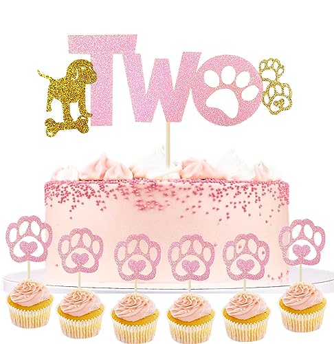 Hunde Geburtstag Kuchen deko Hunde Paw Tortendeko 2 Geburtstag Baby Cake Topper Mädchen Kuchen deko Geburtstag Hunde Deko Muffin deko für Kinder Hunde Party Dekorationen (Two Rosa) von Yitla