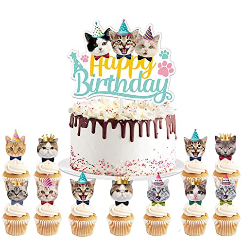 Katze Cupcake Topper Katzen deko Geburtstag 17 Stück Tortendeko Katze katzen Geburtstag deko Happy Birthday Tortendekoration für Kinder Pet Birthday Party Accessories von Yitla