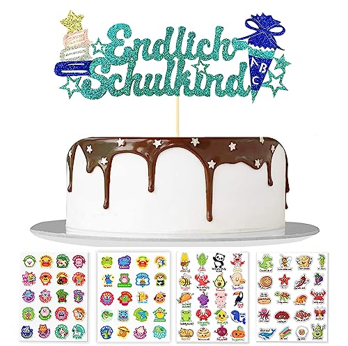 Tortendeko Einschulung Mädchen Glitzernd Rosa Schulanfang Kuchendeko +4 Kinder Ermutigung Aufkleber Schulkind deko Einschulung Mädchen Schulanfang Party Deko (Blau) (Endlich Schulkind Blau) von Yitla