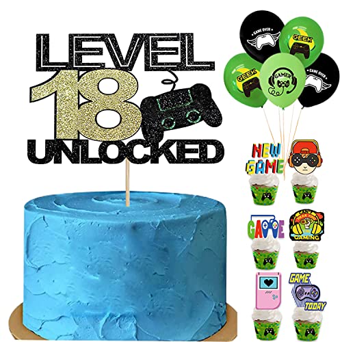 Tortendeko Geburtstag Junge Videospiel Torten Deko Gaming 24 Stück,18th Geburtstag Kuchen Deko Cake Topper Happy Birthday, level 18 unlocked"Kuchen Dekorationen für Jungs (Level 18) von Yitla