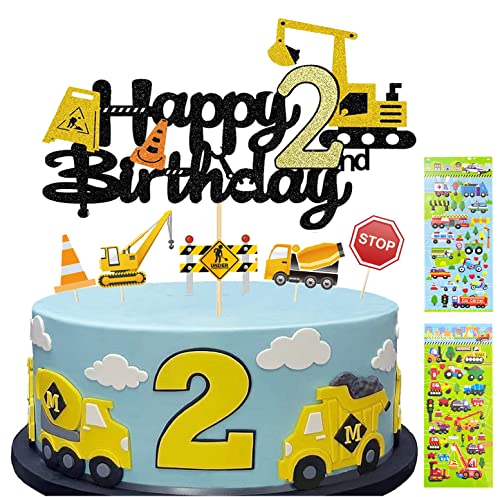 Tortendeko Junge 2. Geburtstag Bagger Cake Topper Geschenk 13 Stück + 2 Bagger Sticker Kinder (2) von Yitla