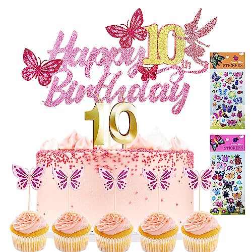 Tortendeko Mädchen Cake Topper 1. geburtstag 13 Stück Schmetterlinge deko +1 Geburtstagskerze+2 Sticker kinder Kuchen Deko Geburtstag deko mädchen Tortendeko Geburtstag, (10) von Yitla