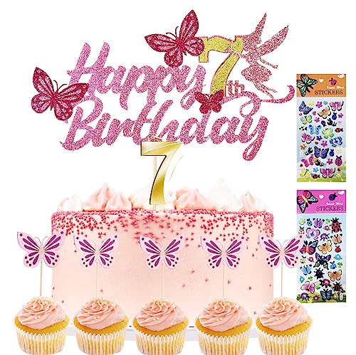 Tortendeko Mädchen Cake Topper 7. geburtstag 13 Stück Schmetterlinge deko +1 Geburtstagskerze+2 Sticker kinder Kuchen Deko Geburtstag deko mädchen Tortendeko Geburtstag (7) von Yitla