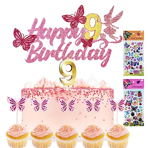 Tortendeko Mädchen Cake Topper 1. geburtstag 13 Stück Schmetterlinge deko +1 Geburtstagskerze+2 Sticker kinder Kuchen Deko Geburtstag deko mädchen Tortendeko Geburtstag, (9) von Yitla