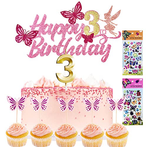 Tortendeko Mädchen Cake Topper 3. geburtstag 13 Stück Schmetterlinge deko +1 Geburtstagskerze+2 Sticker kinder Kuchen Deko Geburtstag deko mädchen Tortendeko Geburtstag, (3) von Yitla