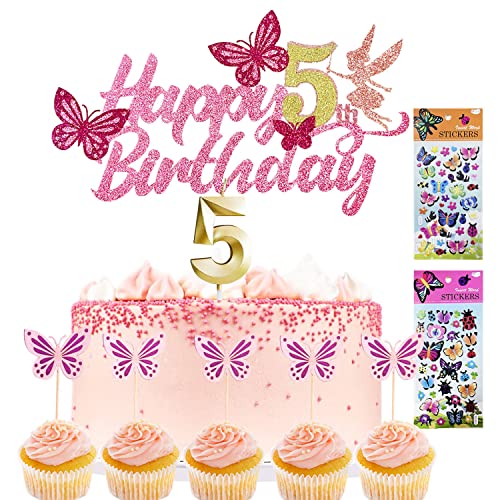 Tortendeko Mädchen Cake Topper 5. geburtstag 13 Stück Schmetterlinge deko +1 Geburtstagskerze+2 Sticker kinder Kuchen Deko Geburtstag deko mädchen Tortendeko Geburtstag, (5) von Yitla