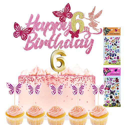Tortendeko Mädchen Cake Topper 6. geburtstag 13 Stück Schmetterlinge deko +1 Geburtstagskerze+2 Sticker kinder Kuchen Deko Geburtstag deko mädchen Tortendeko Geburtstag, (6) von Yitla