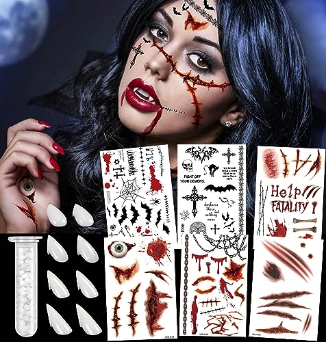 Vampir Zähne 4 Größe+6 Blätter Temporäre Tattoos Großes Halloween vampirzähne Halloween Vampir Cosplay Vampir Zähne+ Fake Tattoos Set Halloween Party Fangs Gefälligkeiten von Yitla