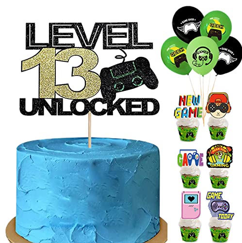 Tortendeko Geburtstag Junge Videospiel Torten Deko Gaming 24 Stück,13th Geburtstag Kuchen Deko Cake Topper Happy Birthday, level 13 unlocked"Kuchen Dekorationen für Jungs (Level 13) von Yitla