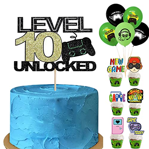 Tortendeko Geburtstag Junge Videospiel Torten Deko Gaming 24 Stück,10th Geburtstag Kuchen Deko Cake Topper Happy Birthday, level 10 unlocked"Kuchen Dekorationen für Jungs (Level 10) von Yitla