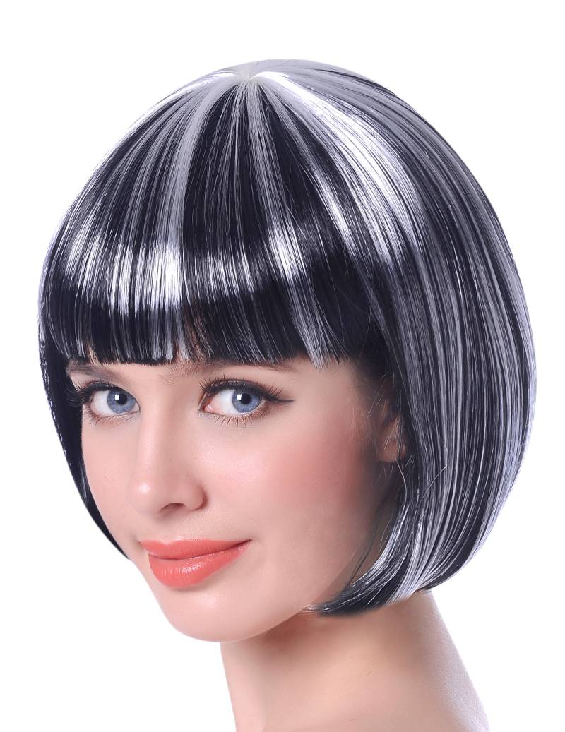 Halloween Kurzhaar-Perücke für Damen schwarz-weiss von KARNEVAL-MEGASTORE