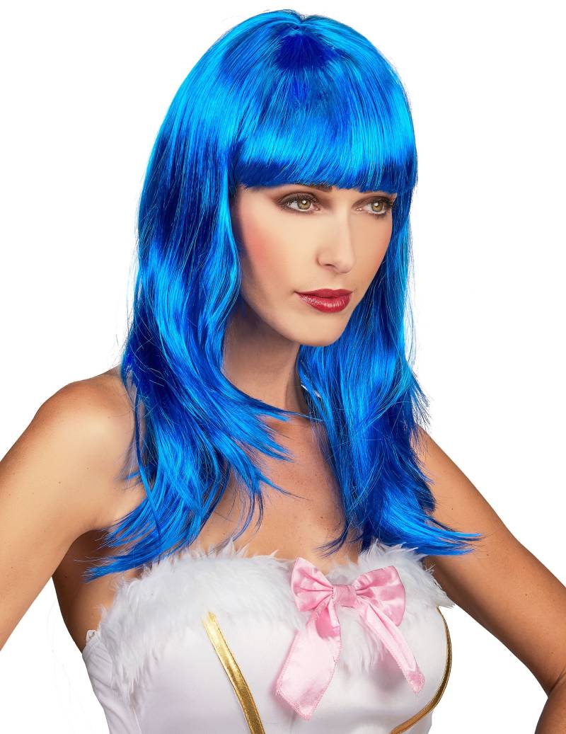 Langhaar-Frauenperücke mit Pony gewellt blau von BESTER NOVELTY