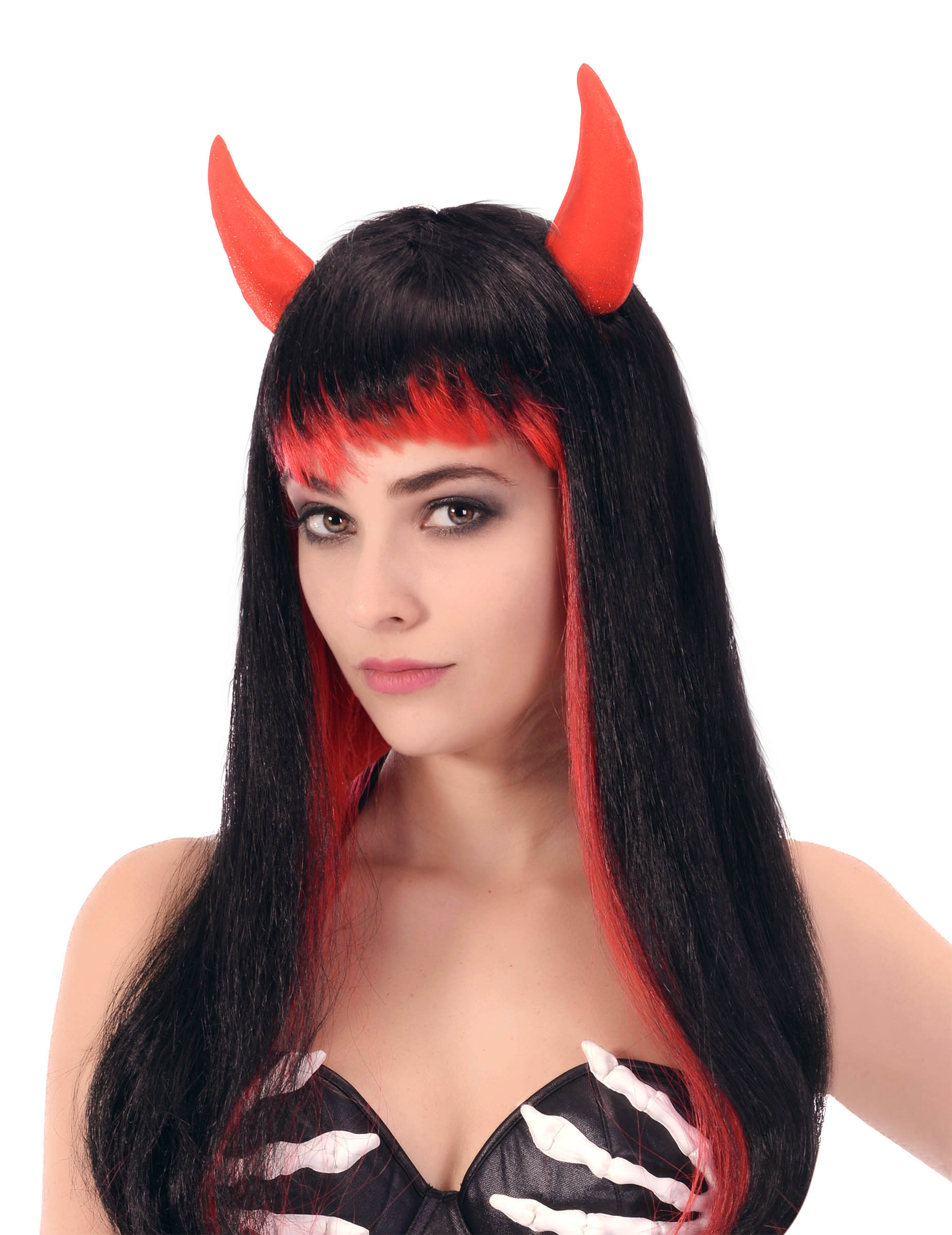 Langhaar Perücke Teufelin mit Hörnern rot-schwarz von KARNEVAL-MEGASTORE