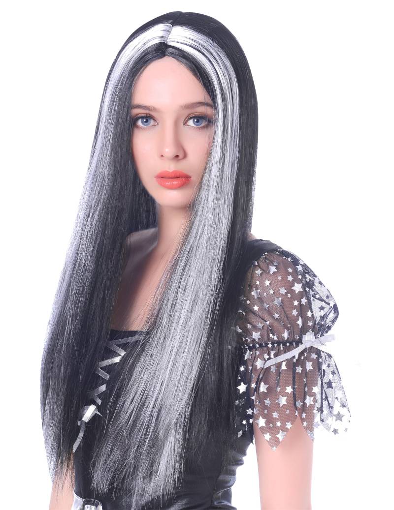 Langhaarperücke Halloween Kostümzubehör schwarz-weiss von KARNEVAL-MEGASTORE