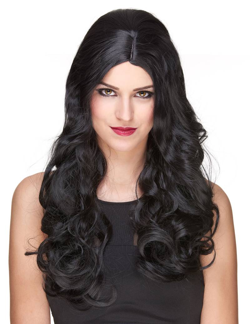 Locken Langhaar-Perücke Deluxe schwarz von KARNEVAL-MEGASTORE