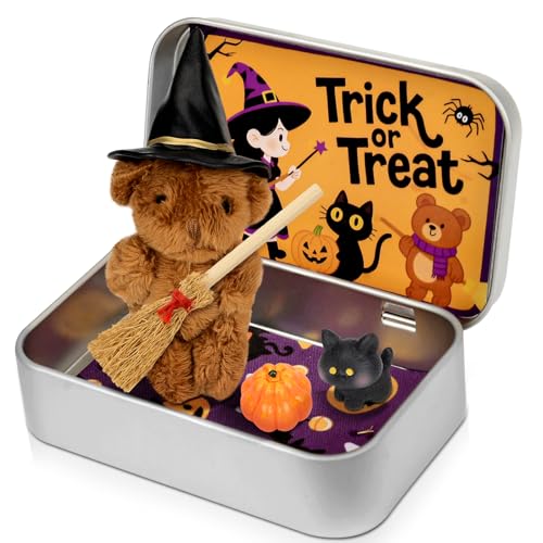 Halloween-Bär in Einer Box, Halloween Mini Figur mit Eisenbox -Besen Cape Pumpkin & Katze für Trick oder Merkmale, Partygeschenk, Überraschungsgeschenk (B) von Yizemay